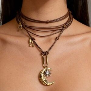 Moon Star Wrap Cord Leather Necklace